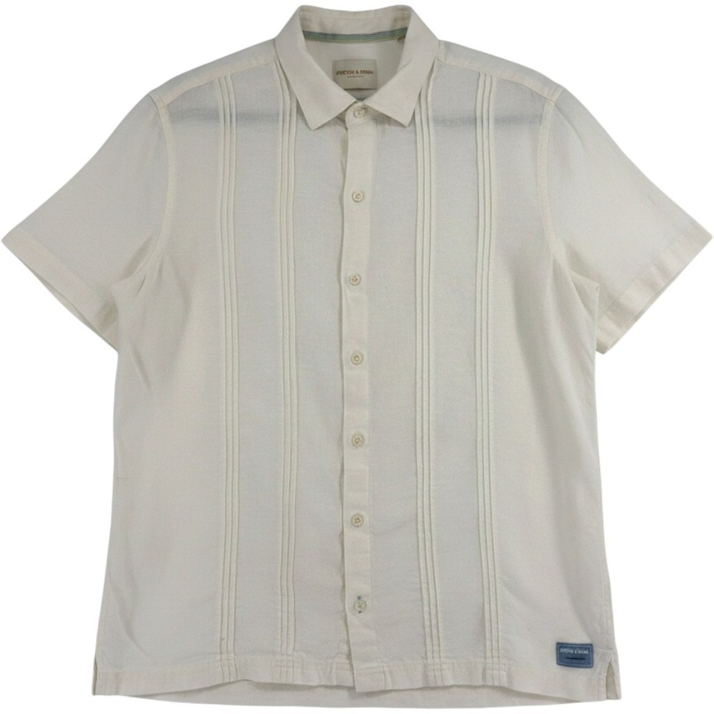 Scotch Soda Linen Pintuck Resort Shirt Men's L Cream Quiet Luxury Coastal EUC